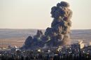 Smoke rises from an Islamic State position in eastern Kobani, after an airstrike by the US led coalition, seen from a hilltop outside Suruc, on the Turkey-Syria border Saturday, Nov. 8, 2014. Kobani, also known as Ayn Arab, and its surrounding areas, has been under assault by extremists of the Islamic State group since mid-September and is being defended by Kurdish fighters. (AP Photo/Vadim Ghirda)