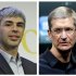 A combination photo showing Google CEO Page in New York and Apple CEO Cook in Cupertino