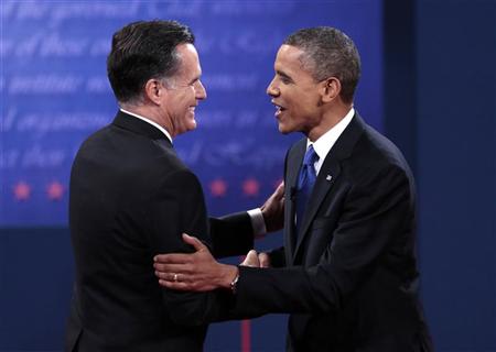 U.S. Republican presidential nominee Mitt Romney (L) and U.S. President Barack Obama shake hands at the conclusion of the final U.S. presidential debate in Boca Raton, Florida, October 22, 2012. REUTERS/Scott Audette