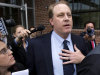 FILE - In this Wednesday, May 16, 2012, file photo, former Boston Red Sox pitcher Curt Schilling, center, is followed by members of the media as he departs the Rhode Island Economic Development Corporation headquarters, in Providence, R.I. Schilling's troubled video gaming company filed for bankruptcy in Delaware, on Thursday, June 7, 2012.. (AP Photo/Steven Senne, File)