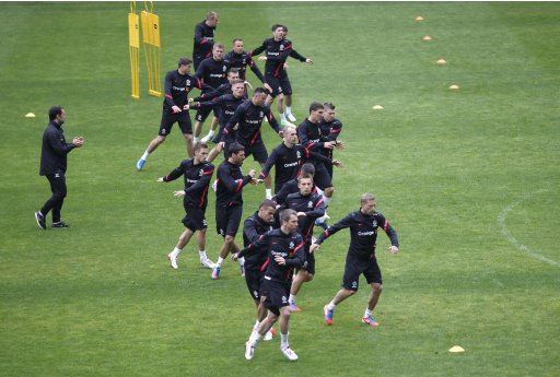 Members of Poland's national team train prior to a friendly soccer match against Andorra at Legia Soccer Stadium in Warsaw