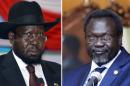 Photo combination made on February 1, 2014, shows South Sudan President Salva Kiir (L) in Juba, and leader of South Sudan's largest rebel group and former vice-president Riek Machar in Addis Ababa