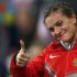 Russia's Yelena Isinbayeva gives a thumbs-up after women's pole vault final at London 2012 Olympic Games