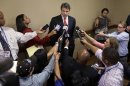 Gov. Rick Perry responds to questions from reporters during a news conference after delivering a speech at the National Right To Life Convention, Thursday, June 27, 2013, in Grapevine, Texas. The Republican has called a second special legislative session beginning July 1, allowing the GOP-controlled statehouse another crack at passing restrictions opponents say could shutter nearly all the abortion clinics across the country's second-largest state. (AP Photo/Tony Gutierrez)