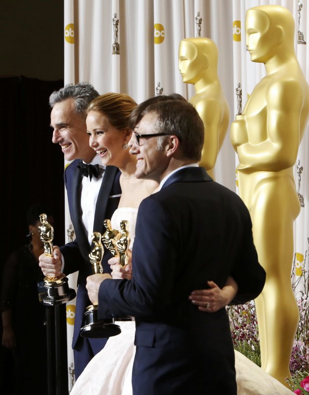 Day-Lewis, Lawrence, Hathaway and Waltz pose with their Oscars backstage at the 85th Academy Awards in Hollywood