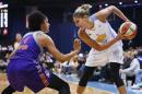 FILE- In this Sept. 12, 2014, file photo, Chicago Sky forward Elena Delle Donne (11) works the ball against Phoenix Mercury forward Candice Dupree (4) during the second half of Game 3 of the WNBA Finals basketball series in Chicago. Delle Donne became the latest post player to withdraw from the U.S. women's basketball team because of injury. (AP Photo/Kamil Krzaczynski, File)