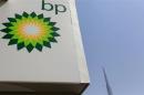A British Petroleum (BP) logo is seen at a petrol station near the Burj Khalifa in Dubai