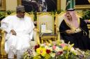 Saudi Governer of Riyadh province Prince Faisal bin Bandar bin Abdulaziz (R) meets Nigerian President Muhammadu Buhari in Riyadh