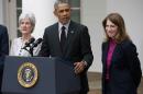 President Barack Obama, flanked by outgoing Health and Human Services Secretary Kathleen Sebelius, left, and his nominee to be her replacement, Budget Director Sylvia Mathews Burwell, speaks in the Rose Garden of the White House in Washington, Friday, April 11, 2014. The moves come just over a week after sign-ups closed for the first year of insurance coverage under the so-called Obamacare law. (AP Photo/Charles Dharapak)