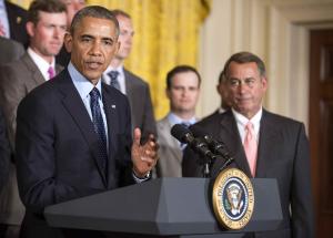 Boehner listens as Obama speaks during a ceremony honoring&nbsp;&hellip;