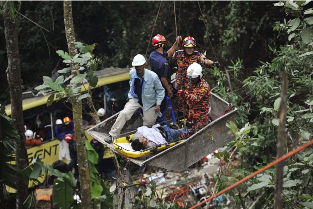 Rescuers work at the scene of a bus crash at Genting Highlands