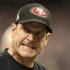 San Francisco 49ers head coach Jim Harbaugh reacts on the sidelines in the NFL Super Bowl XLVII football game in New Orleans