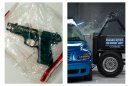 This combination of 2005 and undated file photos shows one of Charles A. McCoy Jr.'s guns included in evidence during his 2005 murder trial in Columbus, Ohio, left, and a side crash test on a 2008 PT Cruiser by the Insurance Institute for Highway Safety. Nearly as many Americans die from guns as from car crashes each year. We know plenty about the second group and little about the first. A lack of research on how to prevent gun violence has left policymakers shooting in the dark as they craft gun control measures without evidence of what works. (AP Photo/Tim Revell, Insurance Institute for Highway Safety)