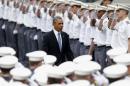 President Barack Obama arrives to a graduation and commissioning ceremony at the U.S. Military Academy on Wednesday, May 28, 2014, in West Point, N.Y. In a broad defense of his foreign policy, the president declared that the U.S. remains the world's most indispensable nation, even after a "long season of war," but argued for restraint before embarking on more military adventures. (AP Photo/Mike Groll)