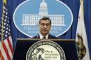 File - In this Jan. 24, 2017, file photo, Xavier Becerra, California's attorney general, talks to reporters at a news conference in Sacramento, Calif. Democratic attorneys general from 15 states have vowed to 