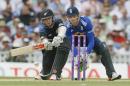 New Zealand's Kane Williamson plays a shot off the bowling of England's Joe Root during the one day international match at the Oval cricket ground in London, Friday, June 12, 2015. (AP Photo/Kirsty Wigglesworth)