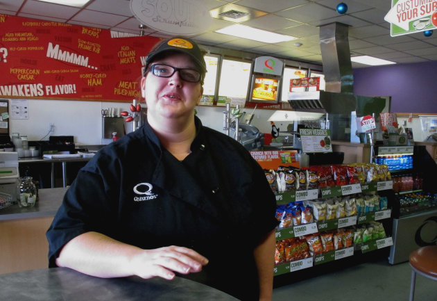 This Friday, Dec. 28,2012 photo Kaylee Feight talks about the impact of a minimum wage increase on her job at Quiznos in Helena, Mont. Montana's minimum wage workers are getting a small pay raise on New Year's Day when an automatic cost-of-living increase takes effect. (AP photo/Matt Gouras)