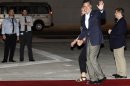 Republican presidential candidate and former Massachusetts Gov. Mitt Romney and wife Ann arrive in Tel Aviv, Israel, Saturday, July 28, 2012. (AP Photo/Charles Dharapak)