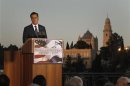 U.S. Republican Presidential candidate Mitt Romney delivers foreign policy remarks at Mishkenot Sha'anamim in Jerusalem