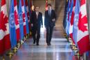 Canadian Prime Minister Justin Trudeau (R) and UN Secretary General Ban Ki-moon in Ottawa, on February 11, 2016