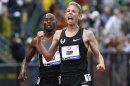Galen Rupp and Bernard Lagat finish in the men's 5,000 meters final at the U.S. Olympic athletics trials in Eugene, Oregon