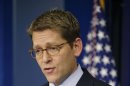 White House Press Secretary Jay Carney gestures during his daily news briefing at the White House in Washington, Monday, Dec., 3, 2012. (AP Photo/Pablo Martinez Monsivais)