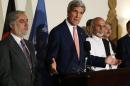 U.S. Secretary of State Kerry announces a deal with Afghanistan's presidential candidates Abdullah and Ghani for the auditing of all Afghan election votes at the United Nations Compound in Kabul