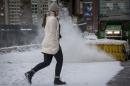 A woman walks in front of a snow clearing machine at New York's Central Park Zoo