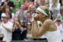 Sabine Lisicki of Germany celebrates after beating Serena Williams of the United States in a Women's singles match at the All England Lawn Tennis Championships in Wimbledon, London, Monday, July 1, 2013. (AP Photo/Alastair Grant)