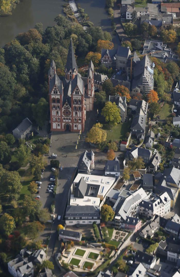 An aerial view shows the Limburg cathedral and the ensemble of the bishop's residence with private chapel in Limburg