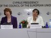 Cyprus' foreign minister Erato Kozakou-Marcoullis, right, and EU foreign policy chief Catherine Ashton speak to the media during a press conference in capital Nicosia, Cyprus, Saturday, Sept. 8, 2012. Ashton said that a top priority for the EU is to offer its full backing to the new U.N.-Arab League envoy to Syria, Lakhdar Brahimi who is set to begin mediation efforts to end the violence between Syrian President Bashar Assad’s regime and opposition groups seeking to topple his rule. (AP Photo/Petros Karadjias)