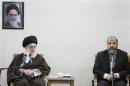 File picture shows Iran's Supreme Leader Ayatollah Khamenei looking on as Hamas leader Meshaal speaks during official meeting in Tehran