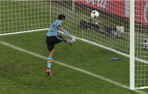 Spain's Jesus Navas scores his side's first goal during the Euro 2012 soccer championship Group C match between Croatia and Spain in Gdansk, Poland, Monday, June 18, 2012. (AP Photo/Gero Breloer)