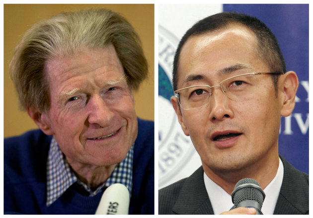 In this Monday, Oct. 8, 2012 photo combo, British scientist John Gurdon, left, speaks in London, and Japanese scientist Shinya Yamanaka, right, speaks in Kyoto after they were named winners of the 2012 Nobel Prize in medicine for discovering that mature, specialized cells of the body can be reprogrammed into stem cells — a discovery that scientists hope to turn into new treatments. (AP Photo/Matt Dunham, left; Kyodo News, right) JAPAN OUT, MANDATORY CREDIT, NO LICENSING IN CHINA, FRANCE, HONG KONG, JAPAN AND SOUTH KOREA