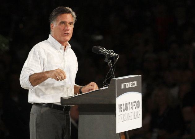 Republican presidential candidate and former Massachusetts Gov. Mitt Romney speaks during a campaign rally in Apopka, Fla. on Saturday, Oct. 6, 2012. (AP Photo/Reinhold Matay)