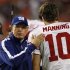 New York Giants Coughlin wishes Manning good luck before their NFL game against Washington Redskins in Landover, Maryland