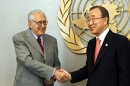 Ban Ki-moon, right, Secretary General of United Nations meets with Lakhdar Brahimi, left, newly-appointed Joint Special Representative of the United Nations and the League of Arab States for Syria at United Nations Headquarters Friday, Aug. 24 20102 (AP Photo/David Karp)