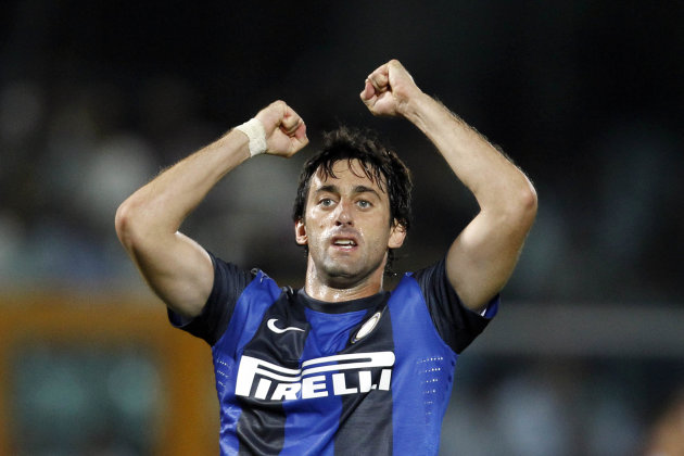 Inter Milan's Milito celebrates after scoring against Pescara during their Italian Serie A soccer match in Pescara