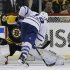Toronto Maple Leafs right wing Joffrey Lupul (19) puts the puck past Boston Bruins goalie Tuukka Rask (40) for a goal during the second period in Game 2 of a first-round NHL hockey playoff series in Boston, Saturday, May 4, 2013. (AP Photo/Elise Amendola)