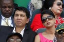 Madagascar's President Andry Rajoelina sits next to his wife Mialy during the ANC's centenary celebration in Bloemfontein