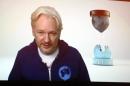 Wikileaks founder Julian Assange introduces M.I.A. on November 1, 2013 in New York via videolink from the Ecuadorian embassy in London