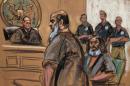 Terror suspects Khalid al-Fawwaz and Adel Abdul Bary are seen in this courtroom sketch during a court appearance in Manhattan Federal Court in New York