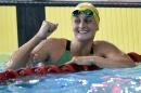 Australia's Leiston Pickett celebrates after winning the Women's 50m Breastroke final at the Tollcross International Swimming Centre during the 2014 Commonwealth Games in Glasgow on July 25, 2014