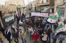 Demonstrators hold a banner during a protest against Syria's President Assad after Friday prayers in Binish, near Idlib
