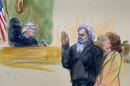 This artist's rendering shows United States Magistrate, Judge John Facciola, swearing in the defendant, Libyan militant Ahmed Abu Khatallah, wearing a headphone, as his attorney Michelle Peterson looks on during a hearing at the federal U.S. District Court in Washington, Saturday, June 28, 2014. The hearing of the Libyan accused of masterminding deadly Benghazi attacks, lasted ten minutes; he pled not guilty to conspiracy Saturday at his first appearance in U.S. court. (AP Photo/Dana Verkouteren)
