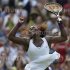 Serena Williams of the U.S. celebrates after defeating Victoria Azarenka of Belarus in their women's semi-final tennis match at the Wimbledon tennis championships in London