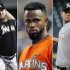 This photo combo made from file photos shows Miami Marlins players, from left, pitcher Mark Buehrle, shortstop Jose Reyes, and pitcher Josh Johnson. Miami traded the three players to the Toronto Blue Jays, a person familiar with the agreement said Tuesday, Nov. 13, 2012. The person confirmed the trade to The Associated Press on condition of anonymity because the teams weren't officially commenting. The person said the trade sent several of the Blue Jays' best young players to Miami. (AP Photos)