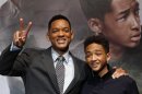 U.S. actor Will Smith and his son Jaden Smith arrive a news conference to promote their movie "After Earth" in Tokyo