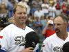 Sugar Land Skeeters pitcher Roger Clemens, left, stands with manager Gary Gaetti, right, before the Skeeters' baseball game against the Bridgeport Bluefish on Friday, Aug. 24, 2012, in Sugar Land, Texas. Clemens, a seven-time Cy Young winner, signed with the Skeeters of the independent Atlantic League this week and is expected to start for the minor league team Saturday at home against Bridgeport. (AP Photo/David J. Phillip)