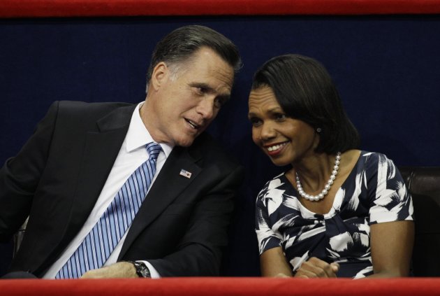 Republican presidential nominee Mitt Romney speaks to Former Secretary of State Condoleezza Rice during the Republican National Convention in Tampa, Fla., on Tuesday, Aug. 28, 2012.
   (AP


 Photo/Charlie
 Neibergall)